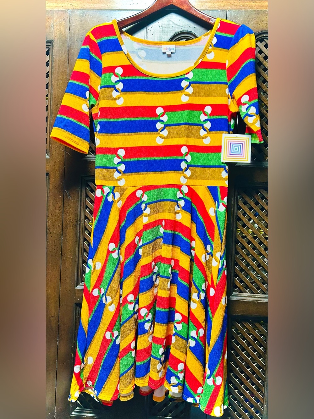New Dress LuLaRoe Multicolor Striped Fit & Flare Dress - Yellow, Red, Blue, Gree